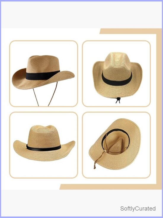 Foldable Wide Brim Straw Cowboy Hat with Drawstring Sun Protection main image 5